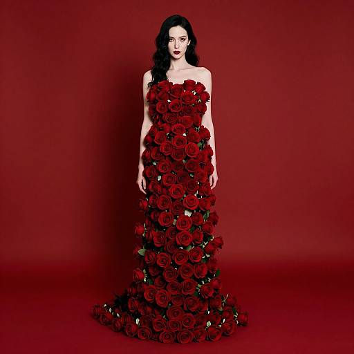 Woman in Elegant Floor-Length Red Rose Dress on Red Background