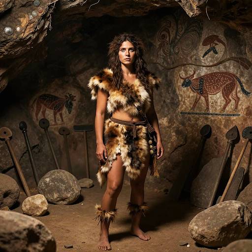Woman in Prehistoric Fur Clothing Inside Cave with Ancient Rock Paintings