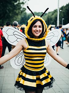 Woman in Playful Bee Dance Costume at Cosplay Festival