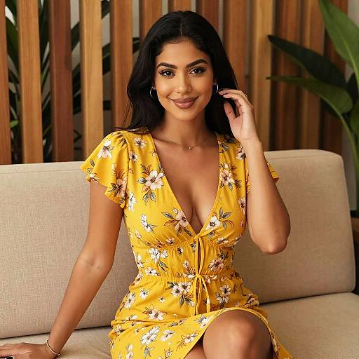 Confident Woman in Yellow Floral Dress Sitting on Sofa with Natural Decor