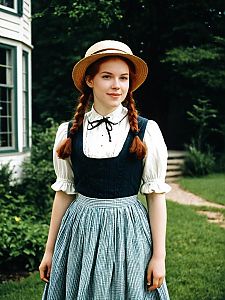 Anne of Green Gables Style Woman in Vintage Prairie Dress with Straw Hat