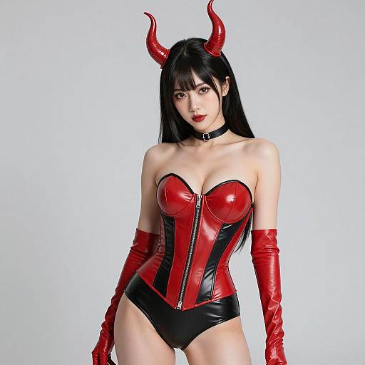 Edgy Woman in Red and Black Latex Devil Costume with Horns