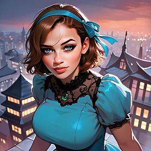 Young Woman in Vintage Blue Dress with Urban Background