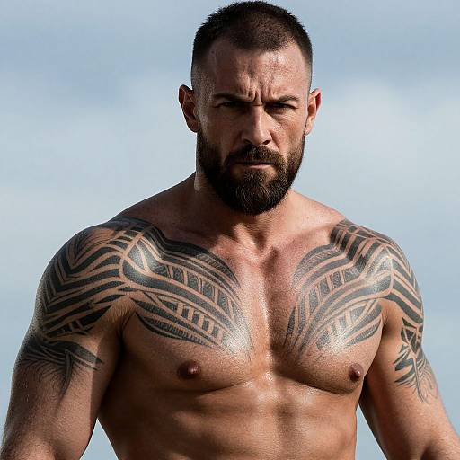 Muscular Man with Polynesian Chest and Shoulder Tattoos