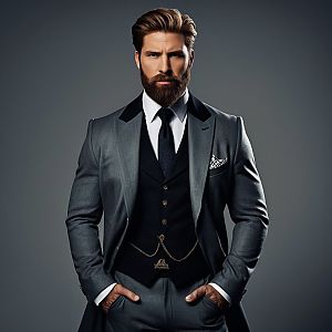 Confident Man in Grey Suit with Beard