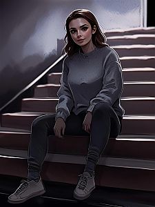 Young Woman on Stairs in Casual Attire