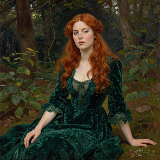 Pre-Raphaelite Style Portrait of Red-Haired Woman in Green Velvet Dress in Forest