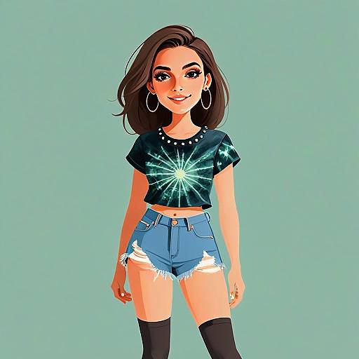 Woman with Pretty Face and Hair Wearing Casual Grunge Outfit Illustration