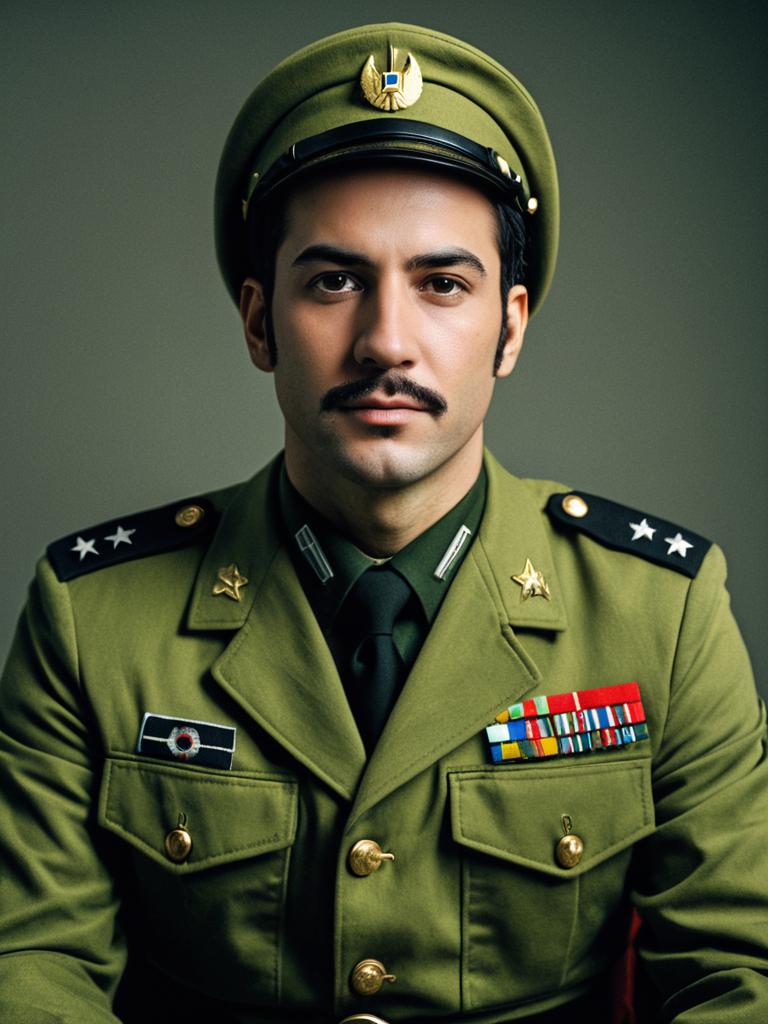 Photorealistic Army-Inspired Olive Green Military Uniform Cosplay Portrait of Man
