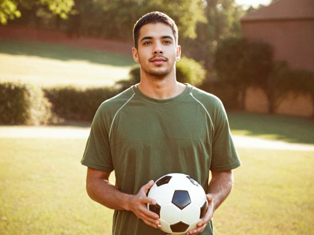 Man in Green Shirt Holding Soccer Ball Outdoors