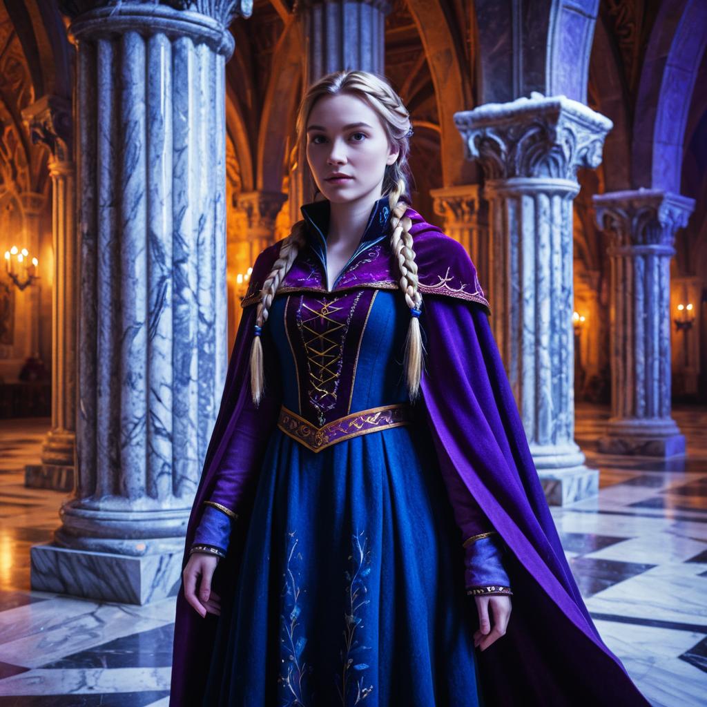 Woman in Historical Hall with Blue Gown