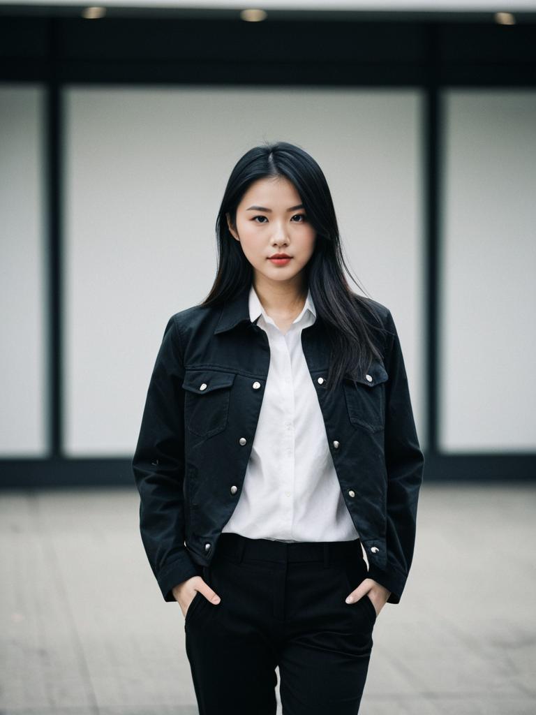 Confident Woman in Modern Business Casual Black Jacket and White Shirt