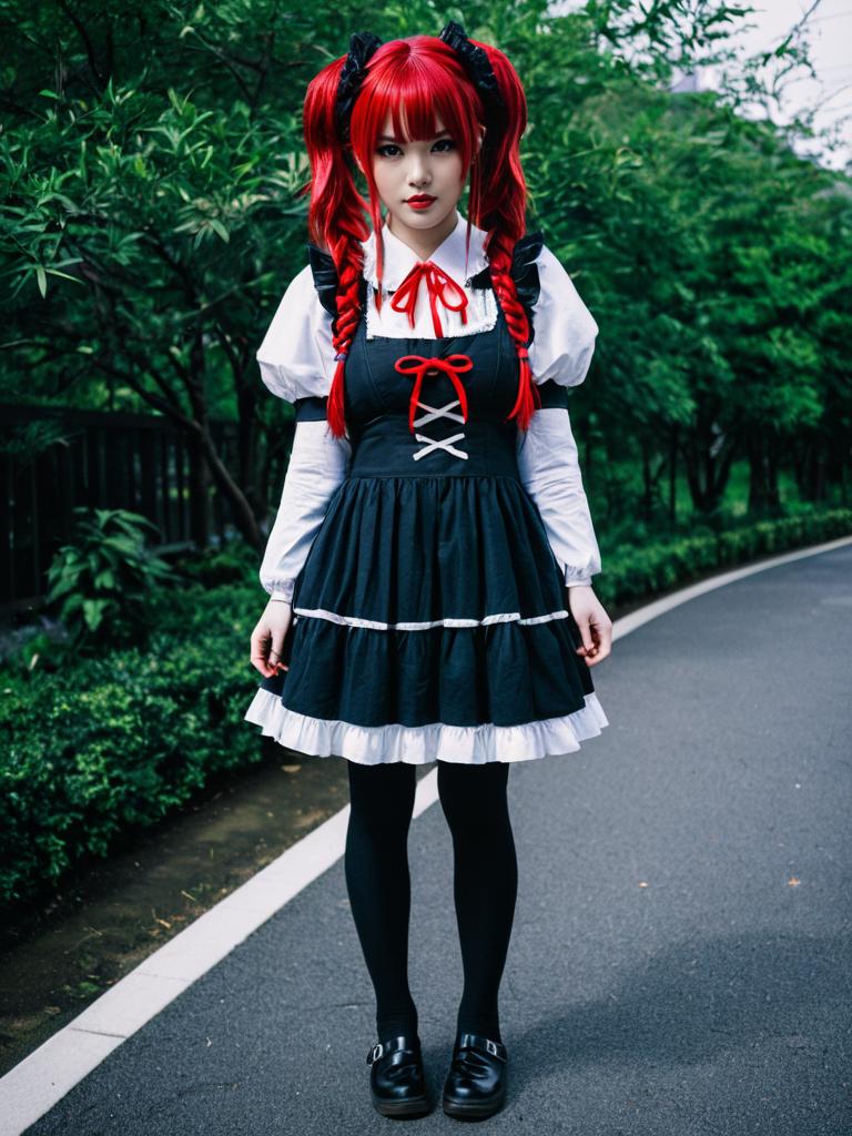 Hanazono Yurine Gothic Lolita Woman with Red Braided Hair in Outdoor Park