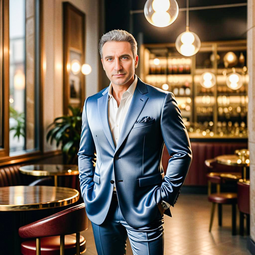 Dapper Man in Stylish Blue Suit at Upscale Restaurant