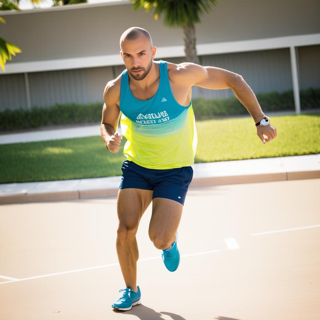 Muscular Man Sprinting in Vibrant Athletic Outfit