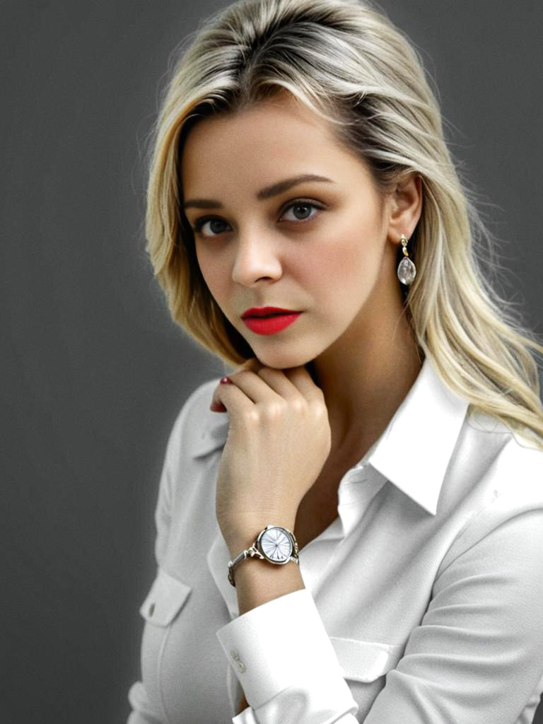 Elegant Blonde Woman in Chic White Blouse