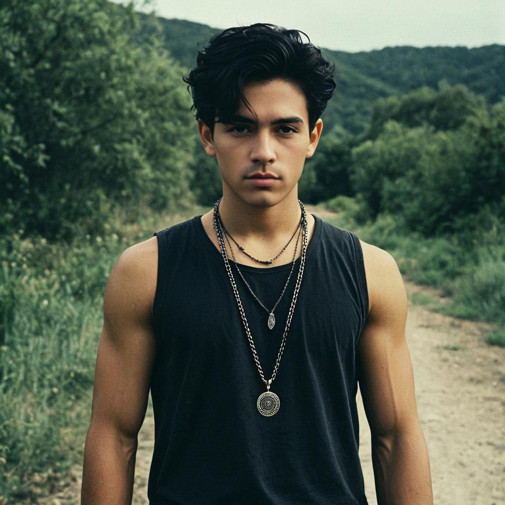 Young man in sleeveless shirt on a dirt path in lush greenery Young man in sleeveless shirt on a dirt path in lush greenery