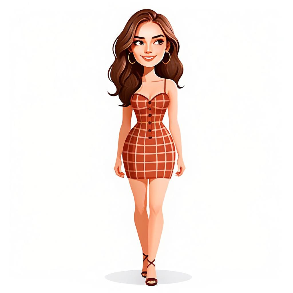 Stylish Woman in Red Plaid Dress Cartoon Illustration