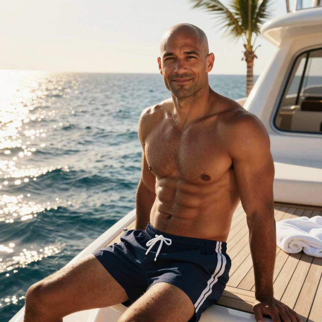 Muscular Man Relaxing on Yacht by Ocean in Swim Shorts