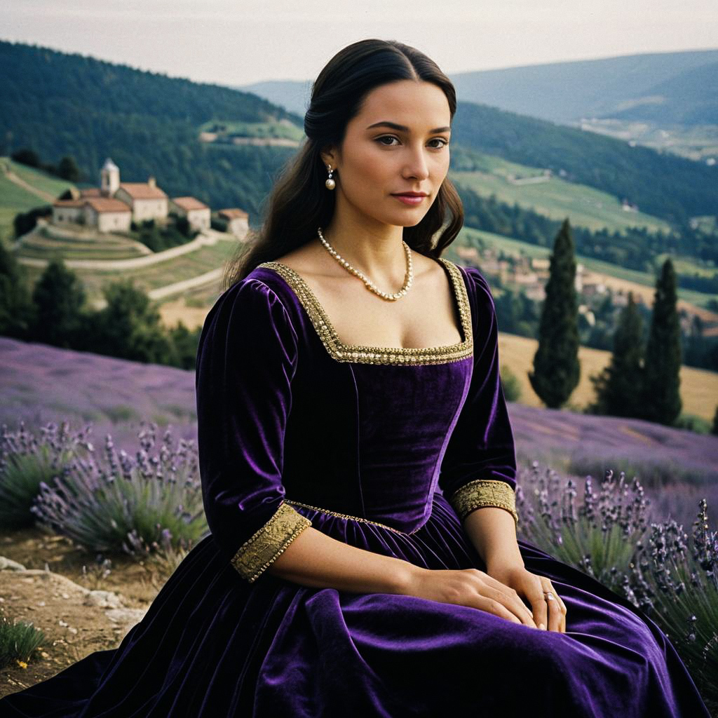 Woman in Purple Velvet Gown in Lavender Field