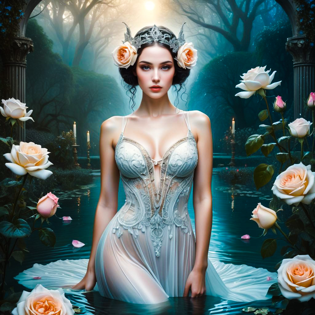 Ethereal Woman in Fantasy Setting with Roses and Water