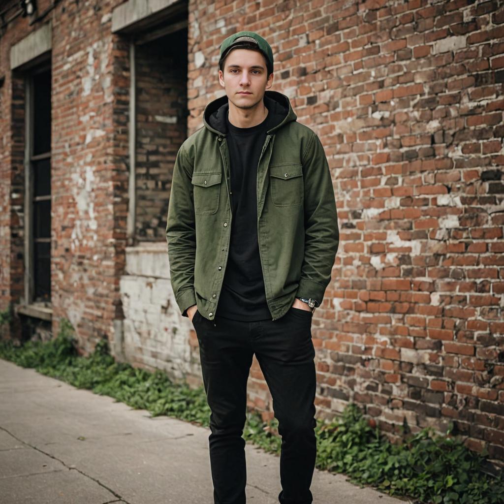 Stylish Man in Green Jacket Posing Against Brick Wall