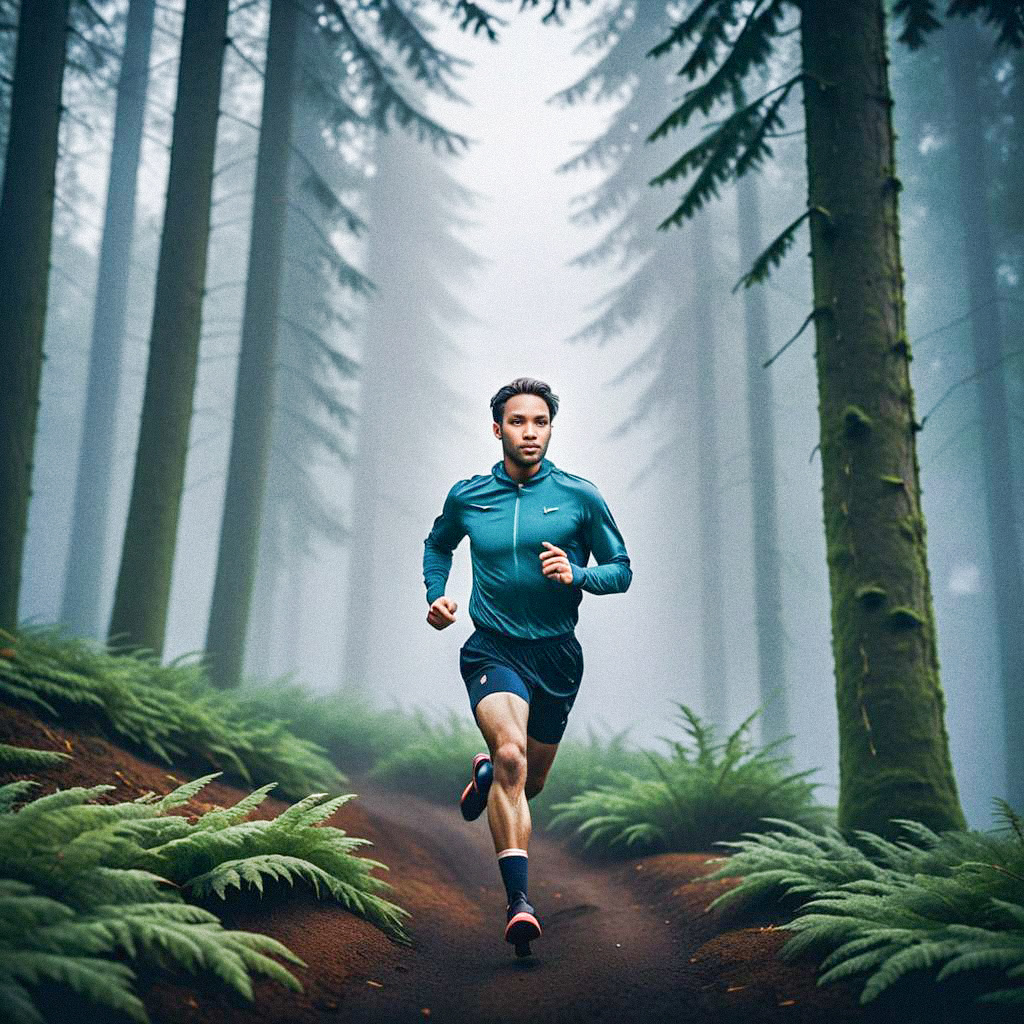 Man Running in Misty Forest