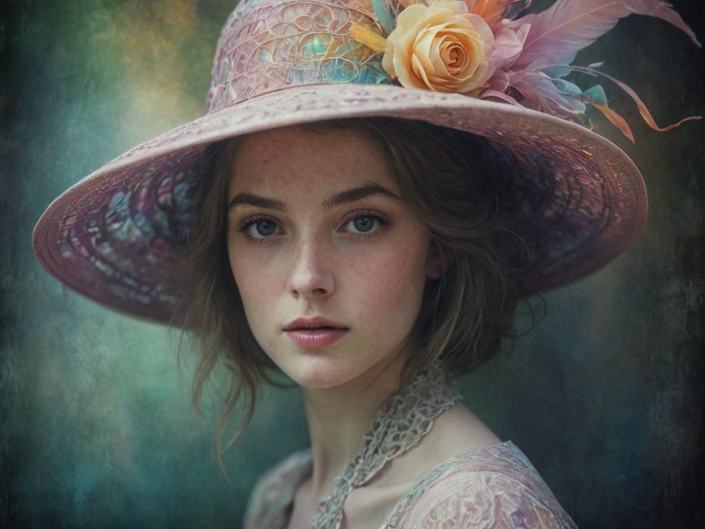 Ethereal Portrait of a Pale Woman in a Wide-Brimmed Hat