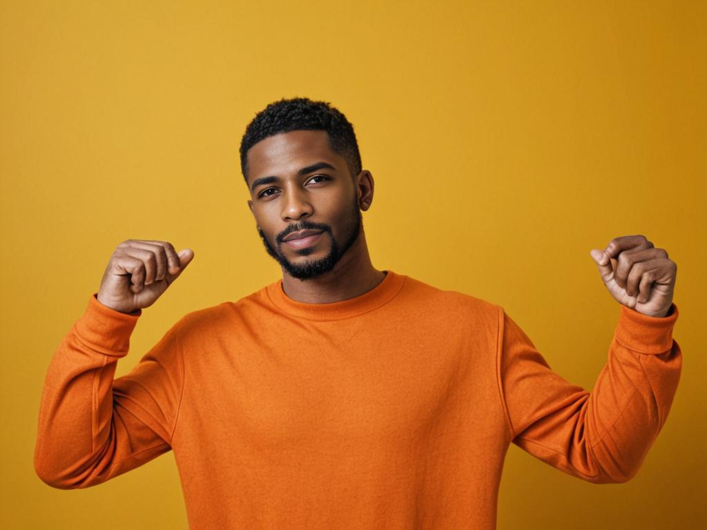 Man in Orange Sweater Pointing Thumbs at Himself