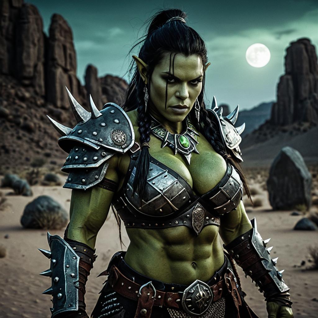 Fierce Warrior Woman in Desert Under Full Moon