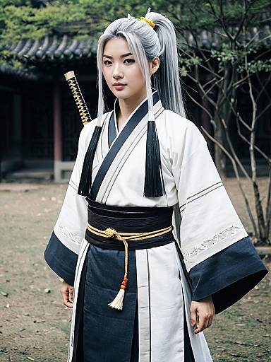 Realistic Portrait of Woman Samurai Archer in Traditional Japanese Kimono