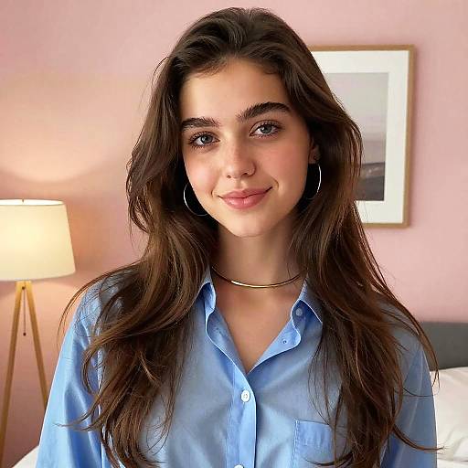 Portrait of Young Woman in Light Blue Shirt with Hoop Earrings and Gold Necklace