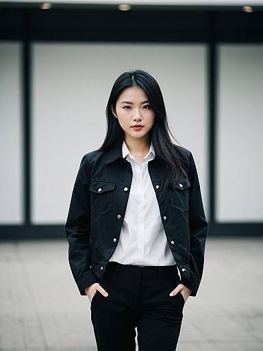 Confident Woman in Modern Business Casual Black Jacket and White Shirt