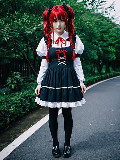 Hanazono Yurine Gothic Lolita Woman with Red Braided Hair in Outdoor Park