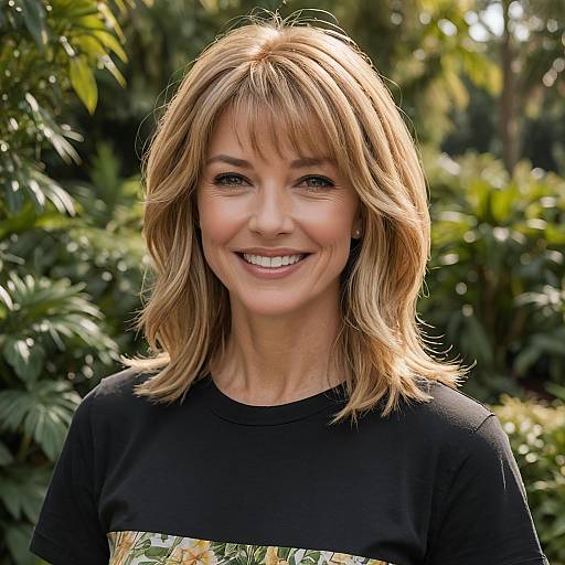 Smiling Blonde Woman Outdoors with Natural Green Background