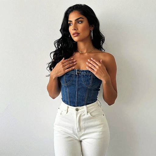 Woman Wearing Strapless Denim Corset Top with White High-Waisted Jeans