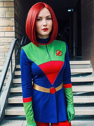 Realistic Miss Martian Cosplay Woman in Vibrant Superhero Costume