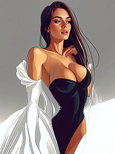Digital Illustration of Woman in Black Bodysuit with White Draped Garment