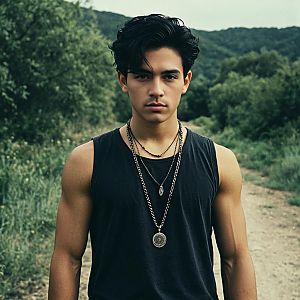 Young man in sleeveless shirt on a dirt path in lush greenery