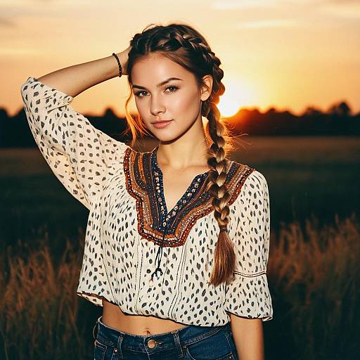Young Woman With Bohemian Style In Sunset Field