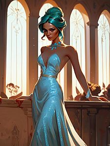 Elegant Woman in Teal Hair and Light Blue Gown
