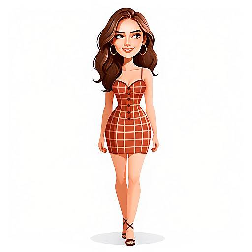 Stylish Woman in Red Plaid Dress Cartoon Illustration