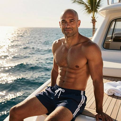 Muscular Man Relaxing on Yacht by Ocean in Swim Shorts
