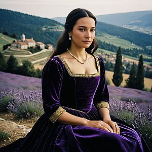 Woman in Purple Velvet Gown in Lavender Field