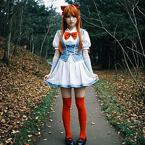 Woman in Asuna Anime Costume with Orange Hair and Red Socks in Forest