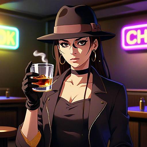 Stylish Woman with Whiskey in Anime-Style Bar Scene