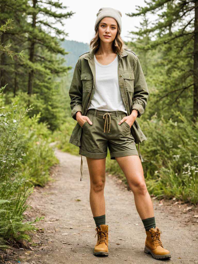 Confident Woman in Green Outfit on Forest Path