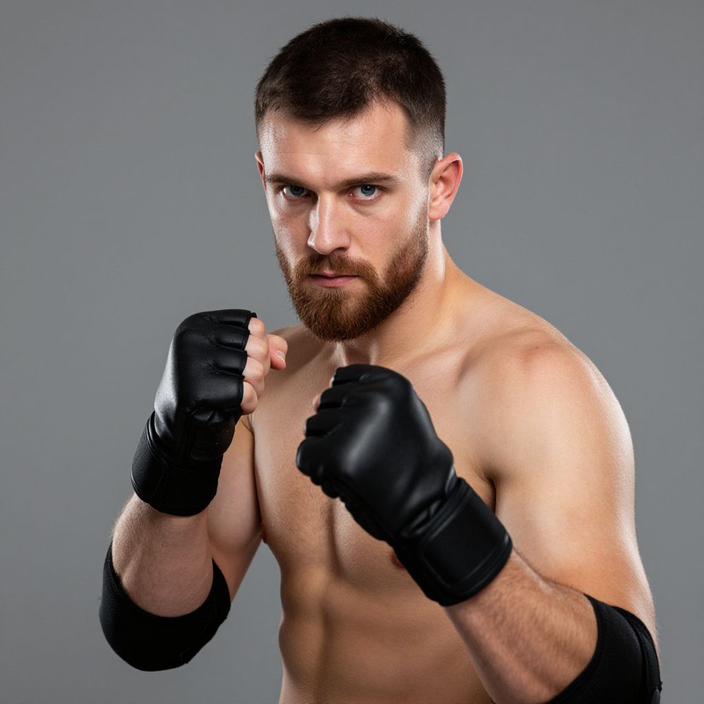 Bearded Fighter in MMA Gloves and Elbow Pads in Fighting Stance