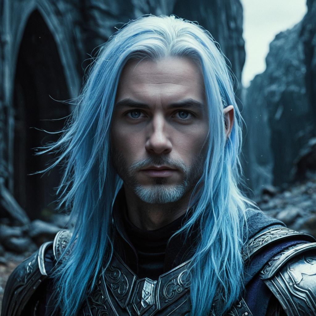 Fantasy Warrior Man with Silver Blue Hair in Detailed Armor Portrait