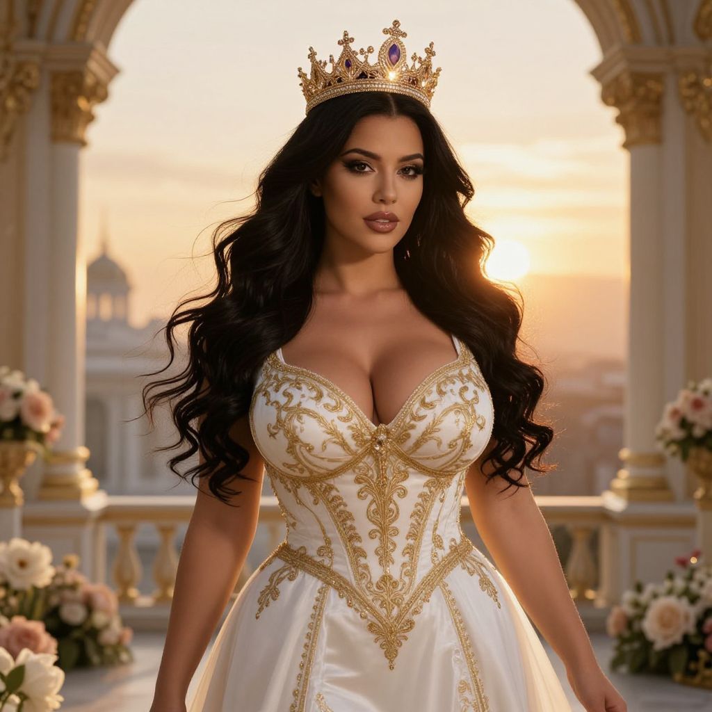 Elegant Woman in White and Gold Corset Gown with Crown at Sunset